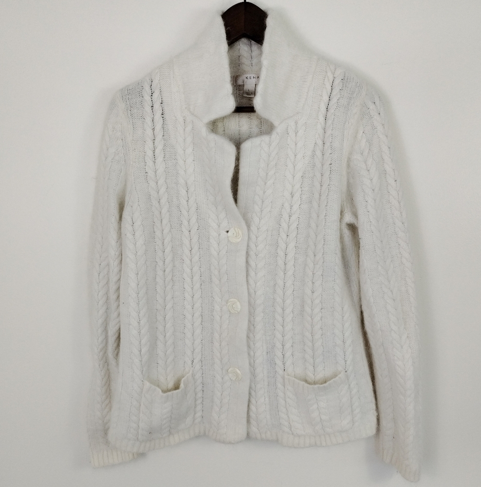 KENAR Cream Angora Rabbit Hair Cable Knit Cardigan Sweater Womens Large Soft